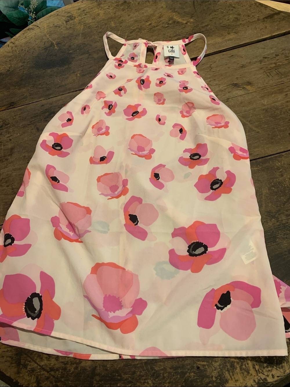 CAbi Floating Poppies Pink Floral Halter Top with Coral Accents
